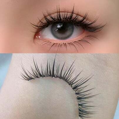 5对全条假睫毛，自然交叉浓密睫毛，透明茎集成睫毛，日常化妆工具，日本动漫风格交叉睫毛，方便佩戴，韩国明星卷曲假睫毛