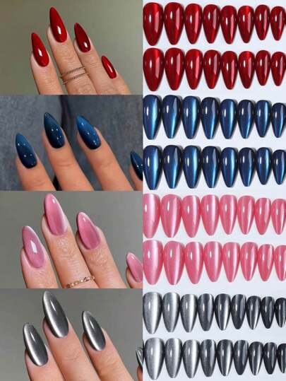 98 piezas (4 estilos mixtos) Pegatinas de uñas acrílicas de ojo de gato con cristales rojos estéticos de brillo Y2K de forma de almendra larga, diseño de arte de uñas de forma de almendra corta, set de pegatinas de uñas de ajuste perfecto, incluye: 1 botella de gel de gelatina y 1 lima de uñas, pegatinas de uñas de ojo de gato rojo, negro, rosa, azul, adecuado para mujeres y niñas para uso diario, también aplicable para fiestas de rave y otras ocasiones de arte de uñas