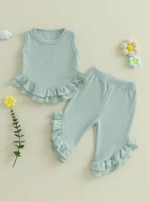 Toddler Girl Summer Outfits Solid Waffle Round Neck Ruffled Tank Tops With Long Pants 2 Pcs Set - Green - View 5