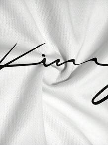 Bộ 2 món áo thun tay ngắn họa tiết kẻ caro và chữ thường ngày dành cho nam và quần short cạp rút dây, mùa hè - màu nâu - Xem 5