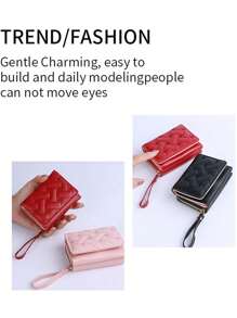 Women Simple Tri-Fold Wallet Zipper Coin Purse Wristlet Quilted Detail Wallet Quilted Pattern Compact Wallet Fashion Credit Card Holder Wallet Purse Wallet Mini Wallet Small Wallet - Multicolor - View 3