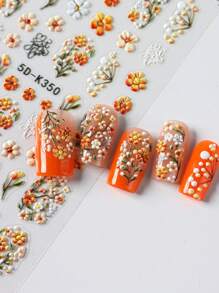 Stickers d'art pour ongles 5D en relief avec bouquet de fleurs de marguerite rose rêveuses, feuille de vigne verte et fleur à cinq pétales épanouissante et rose. Décorations de charms et fournitures pour manucure DIY