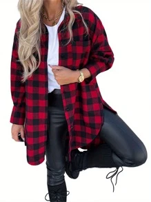 Female Shirt, Ladies Plaid Lapel Long Sleeve Tops Coat With Chest Pockets For Spring Autumn, S/M/L/XL