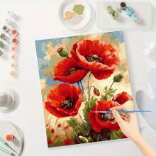 DIY Acrylic Painting Kit - 30X40cm Vivid Red Poppy Flower Design, No Frame, Crease-Free Rolled Colorful Printed Canvas With Paints & Brushes, Suitable For Beginners, Home Decor And Unique Gifts - Multicolor - View 3