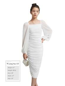 EXARUS Girls Ruched Bodycon Square Neck Dress Teens Chiffon Lantern Sleeve Homecoming Dance Midi Long Dresses - 白色 - 查看 5