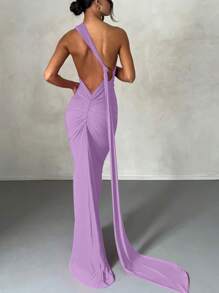 Women's Elegant Solid Color One Shoulder Backless Fishtail Dress Party Summer - Violet Purple - View 2