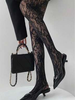 Black Retro Lace Mesh Socks For Women, Sexy Hollow Out Flower Woven Thin Style, Pure Desire Pantyhose
