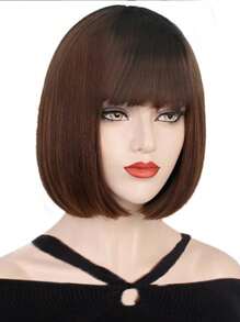 12 英寸棕色鲍勃式假发，带刘海，女士高温纤维合成发，可调节发帽，直发，通用 - 棕色 - 查看 2