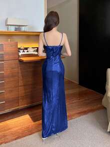 Vestido camisero con pliegues y abertura en el muslo - azul real - Ver 3