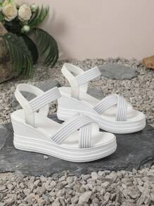 女士交叉松紧带休闲时尚厚底凉鞋，厚底加长腿，适合户外散步、约会、度假搭配裙子和裤子，穿着方便，轻便舒适 - 白色 - 查看 10