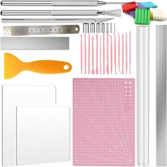 1-20 pièces d'outils de coupe en argile polymère, rouleau à pâtisserie en acrylique, 14 pièces de set de modelage en couleurs aléatoires, 7 pièces de moules à découpe ronds, plaque en acrylique pour le pressage, taille-crayon, aiguille pour la détaillance, règle, 12 pièces d'argile polymère en couleurs aléatoires, grattoir, pour faire de l'artisanat en argile (couleurs aléatoires)