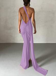 Women's Elegant Solid Color One Shoulder Backless Fishtail Dress Party Summer - Violet Purple - View 4