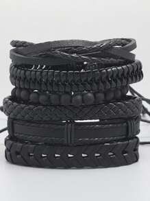 6pcs Vintage Black Woven Leather Bracelet DIY Combination Set For Men