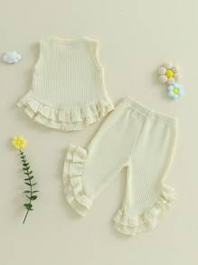 Toddler Girl Summer Outfits Solid Waffle Round Neck Ruffled Tank Tops With Long Pants 2 Pcs Set - Apricot - View 7