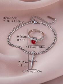 2pcs/Set Creative Heart And Sword Couple Ring Bracelet Collarbone Chain Sword Bracelet Rings Jewelry Set Fashion Accessories For Women Couple Gift Jewelry
