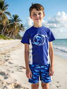 2pcs Kids Polyester Fabric Boys Sporty Split Swimsuit Set - Blue - View 1