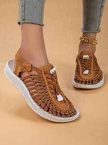 Black Handmade Woven Summer Sandals For Women, Comfortable Casual Walking Shoes, Closed Toe Breathable Slides, Plus Size Ladies Beach Shoes