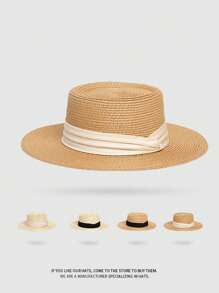 French Flat-Brimmed UV-Blocking Sunhat For Women, Foldable Design With Ribbon, Casual & Fashionable Straw Hat For Beach, Resort, Summer, Spring