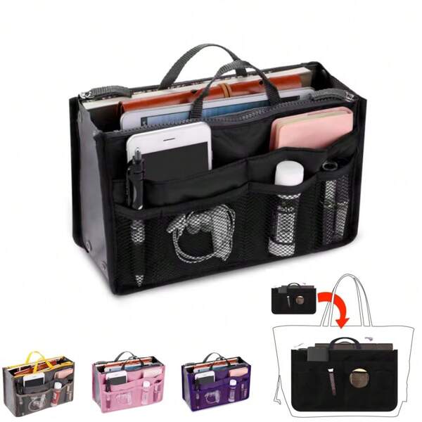 1 Stück Damen Reise Handtasche mit Doppel-Reißverschluss Make-up Tasche, faltbar, großer Stauraum, mittlere Innentasche zum Organisieren, multifunktionale Kulturtasche, Kosmetiktasche, Futter, Make-up Tragetasche, Organizer für Strand, Urlaub, Camping