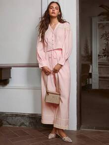 Simplee 2 件套女士夏季新款前扣蕾丝边拼接长袖上衣和系腰长裤套装，适合度假、音乐节、办公室、早午餐 - 粉色 - 查看 7