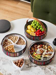 1 件波西米亚风格储物盒托盘，圆形收纳盘，存储空间大，牢不可破，内置隔层，非常适合零食、水果或装饰展示 - 彩色 - 查看 3