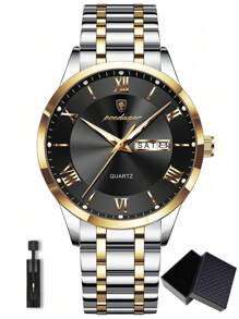1 pieza Reloj de pulsera de cuarzo de acero inoxidable dorado con estilo de negocios para hombres, con calendario de semana y doble pantalla, resistente al agua 30M, función de manecillas luminosas, reloj casual para hombres con estuche, juego de regalo para hombres