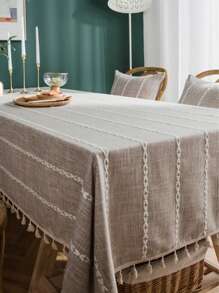 1pc Rustic Style Beige Multi-Line Tablecloth, Rectangular Coffee Table, TV Cabinet, Decorative Dining Table Cover For Kitchen, Family Gathering, Outdoor Picnic - Multicolor - View 5