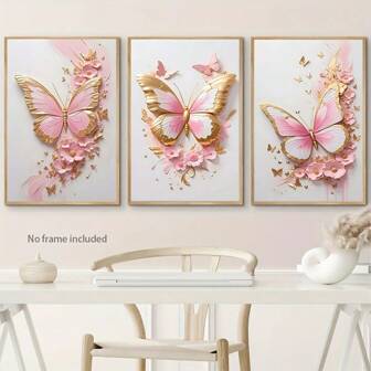 3 件套，现代蝴蝶帆布艺术，3D 墙面装饰，不含框架，适用于客厅、卧室、餐厅、办公室、咖啡厅、酒吧、庭院、节日生日礼物