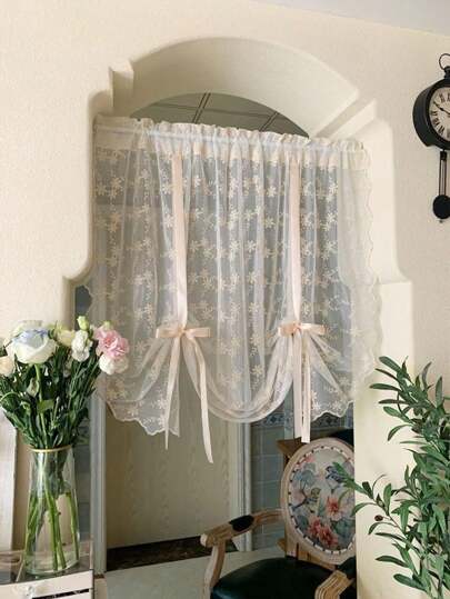 1pc Beige Embroidered Lace Small Chrysanthemum Curtain Valance, No-Drill Lace Curtain Panels For Room, Bedroom, Kitchen, Living Room, Princess Style Sheer Curtains