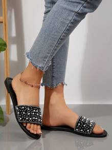 New Ramadan Fashion Slip-On Slippers For Women,Large Size, Summer Style Flat Sandals, Solid Color Closed Toe Flat Sandals, Plus Size Women Slippers, Flat Pearl Decor Outdoor Slippers, Odor Prevention Women Shoes, White Round Toe Slippers, Flat Sandals, Women Summer Beach Slippers, Black Shoes
