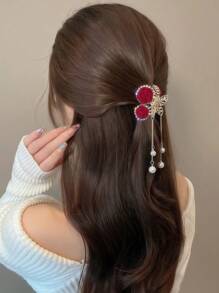 1pc Women's Elegant Red Rose Tassel Crystal Hair Claw Clip, Ideal Gift Hair Clips Hair Jaw Clip Hair Clamps Hair Clutch Hair Catcher Clip