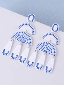 1 对中国风青花瓷流苏几何优雅女士耳环 - 彩色 - 查看 3