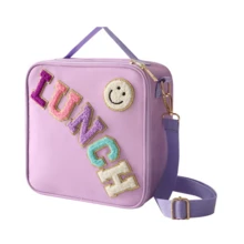 1 件刺绣字母和笑脸户外保温午餐手提袋，便携式食物野餐冷藏袋