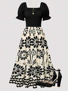 Ladies Floral Bright Print Waist Splicing Vacation Dress, Summer - Black - View 1