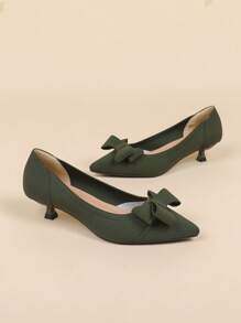 Women's Pointed Toe Casual Flats, Bow Decor, 4cm French Kitten Heel, Young Style, Suitable For Dresses, Cute Design - Green - View 5