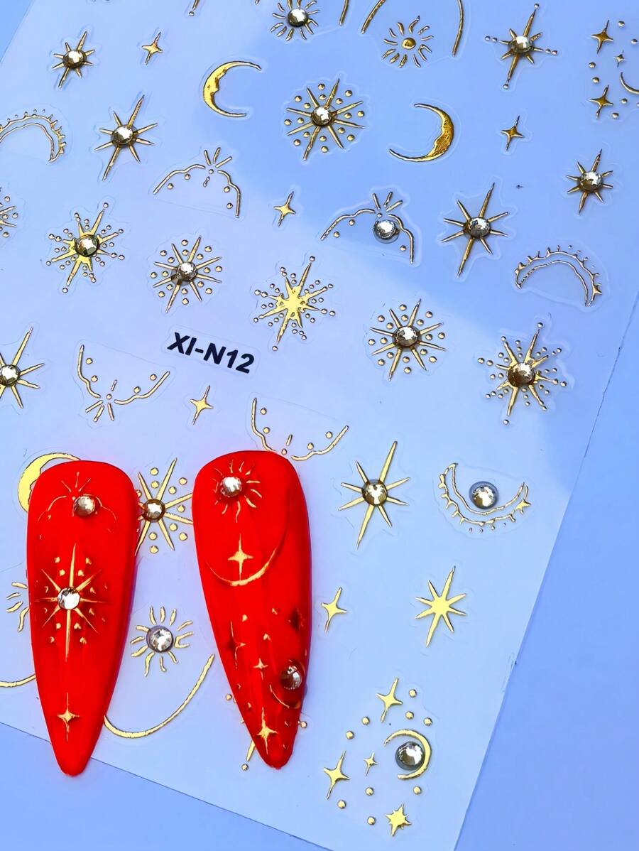 1 pieza Pegatinas de arte de uñas 5D con piedras de strass en forma de estrella/luna de lujo con láser plateado autoadhesivo, decoraciones lindas de manicura