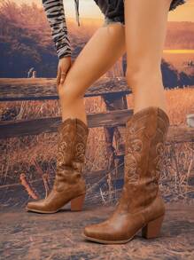 Women's Western Cowboy Boots, New Autumn/Winter Style, Pointed Toe, Embroidered, Chunky Heel, Mid-Calf, Fashion Western Boots