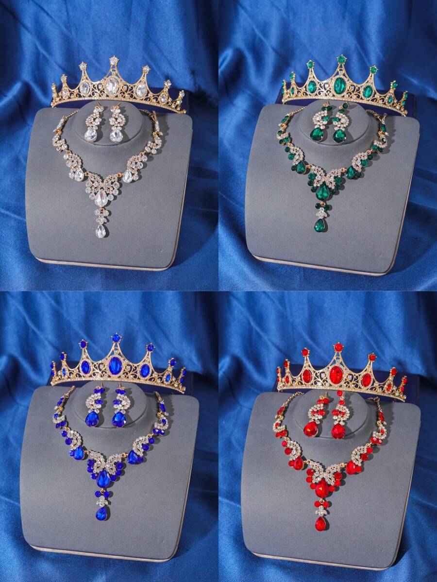 4 件套优雅女王水钻水晶皇冠项链耳环首饰套装，新娘婚礼头饰发饰，女士珠宝装扮配饰