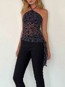 Women's Halter Tops Slim Fit See Through Sleeveless Backless Irregular Hem Flower Print Crop Tops For Summer - Black - View 2