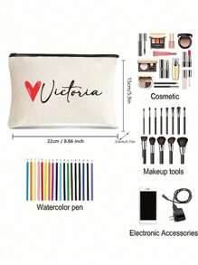 Bolsa de maquillaje personalizada con estampado de corazón, neceser de viaje con nombre personalizado, organizador de cosméticos sin olor, unisex adulto, beige, impresión de posicionamiento - Beis - Ver 6