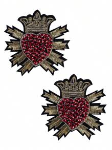 2pcs Red Girl Handmade Beading Crown Heart Patch, Personalized DIY Clothing Accessory Embroidery Sewing Iron-On Patch Applique Decoration Badges Brooch For Clothes, Shoes, Bags, Festival Party