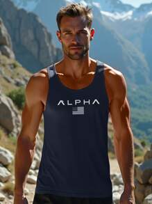 男士青年柔软面料透气速干套头衫圆领无袖经典版型图案印花户外运动休闲简约基本款露出肌肉跑步登山骑行钓鱼散步休闲度假户外运动春夏秋季假期感恩节 - 藏蓝色 - 查看 4