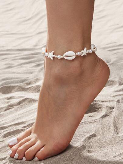 1 pieza Tobillera de estilo bohemio y playero con estrella de mar de turquesa y perlas falsas, tejida e impermeable, adecuada para mujeres de vacaciones