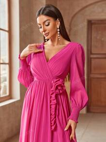Vestido maxi de mujer con cuello en V, mangas farol y decoración floral 3D en un solo color, vestido elegante de dama de honor
