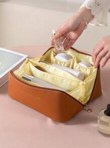 1 件 PU 皮革化妆包，旅行收纳洗漱包，女士浴室收纳化妆包，大容量，多功能手提包