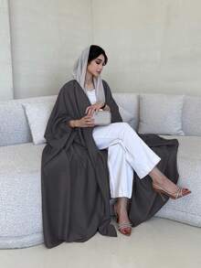 Women's Plain Color Middle Eastern Dignified Jacket, Fashionable Lightweight Batwing Sleeve Cardigan Robe With Belt - No Headscarf, Autumn/Winter - Dark Grey - View 3