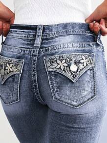 Ladies High Waist Slim Jeans Wash Stretch Jeans - 藍色 - 查看 4