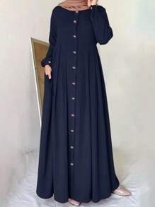 Plus Size Women Solid Color Lantern Sleeve Single Breasted Long Arabian Dress,Modest - Navy Blue - View 1