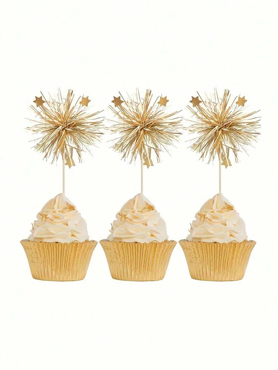 10/20/50 件铝箔烟花纸杯蛋糕装饰生日快乐蛋糕装饰闪光金属丝花饮料搅拌器鸡尾酒食物水果牙签情人节派对用品金色 - 彩色 - 查看 1