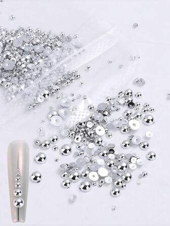 1000/500/200/100 件/袋 3D 朋克银色美甲珍珠装饰，多种尺寸，平底，适用于指甲 DIY 指甲饰物，指甲宝石，美甲用品